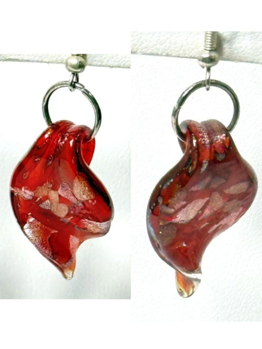 Brick red and copper shimmer lampwork leaf-shaped earrings.
